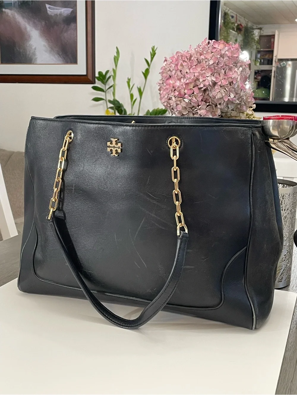 Tory Burch Black Leather Chain Tote Shoulder Bag Large Gold Logo Authentic